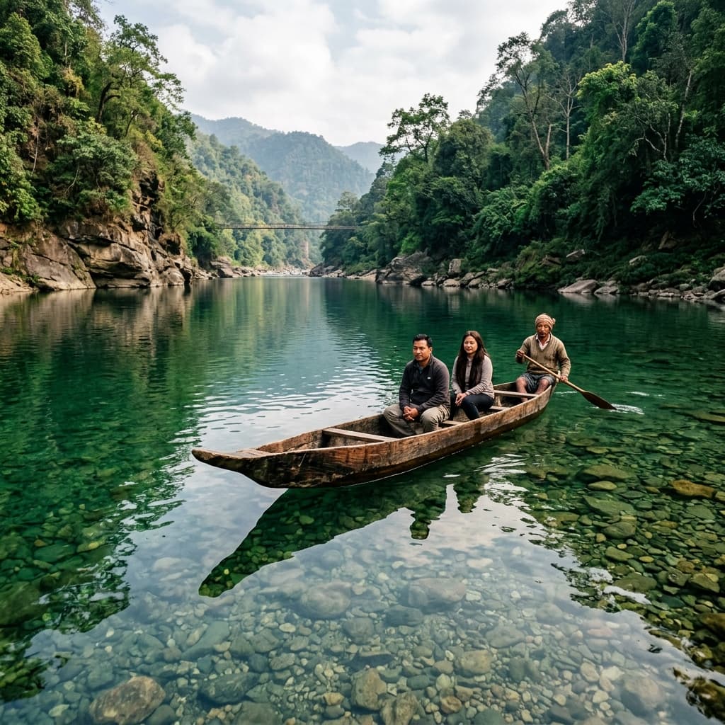 Local wooden canoe floating on clear waters in Dawki