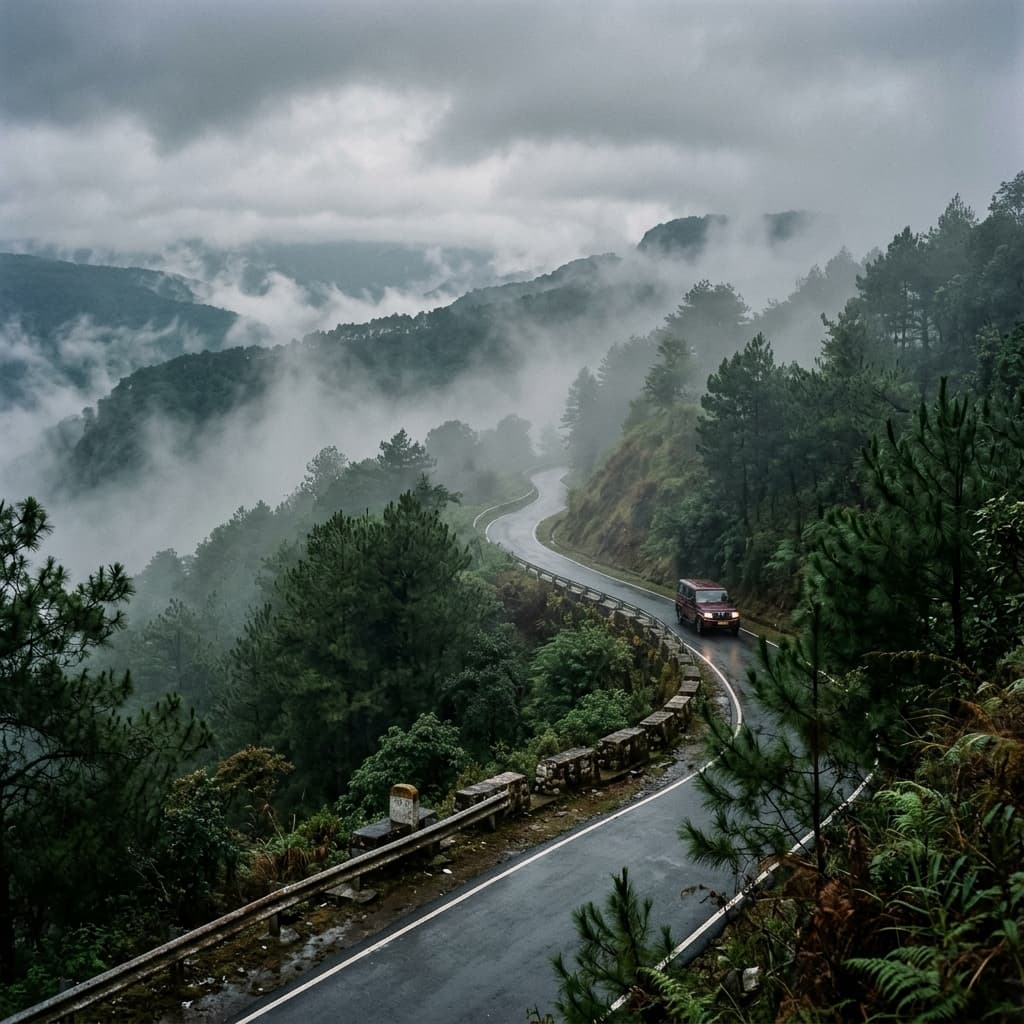 Winding mountain road under fog in Meghalaya